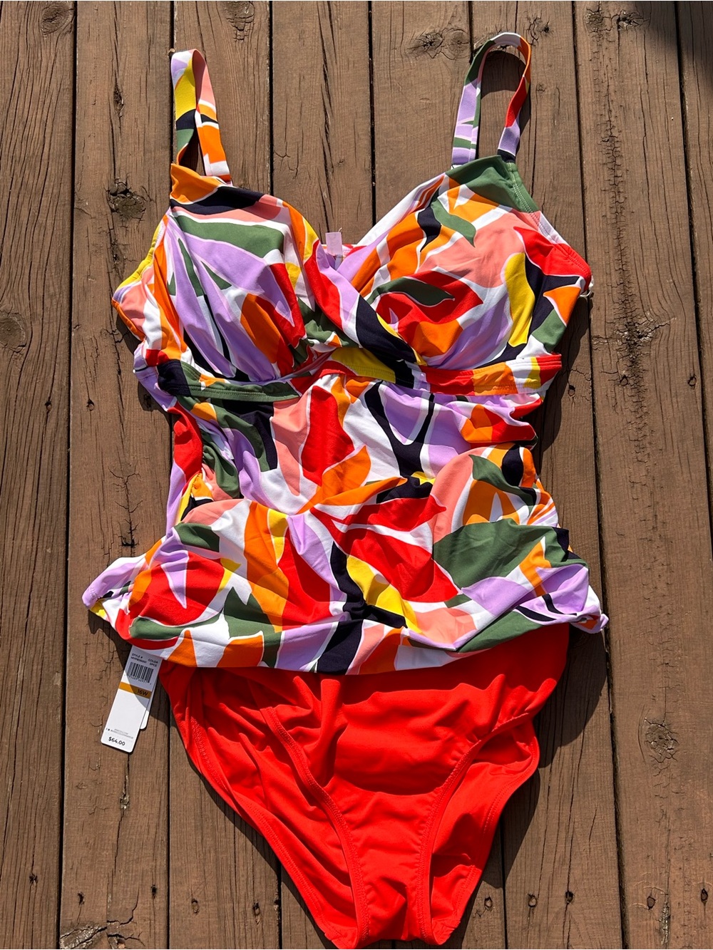 NWT ANNE COLE s16W Multicolor Tankini-flattering ruching at sides-MSRP $156